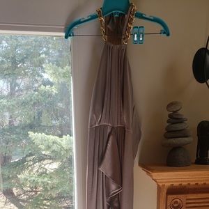 Long Taupe Slit Dress With Gold Chain Detailing